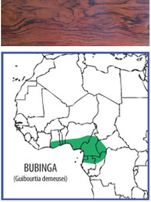 map of where bubinga grows and a wood swatch